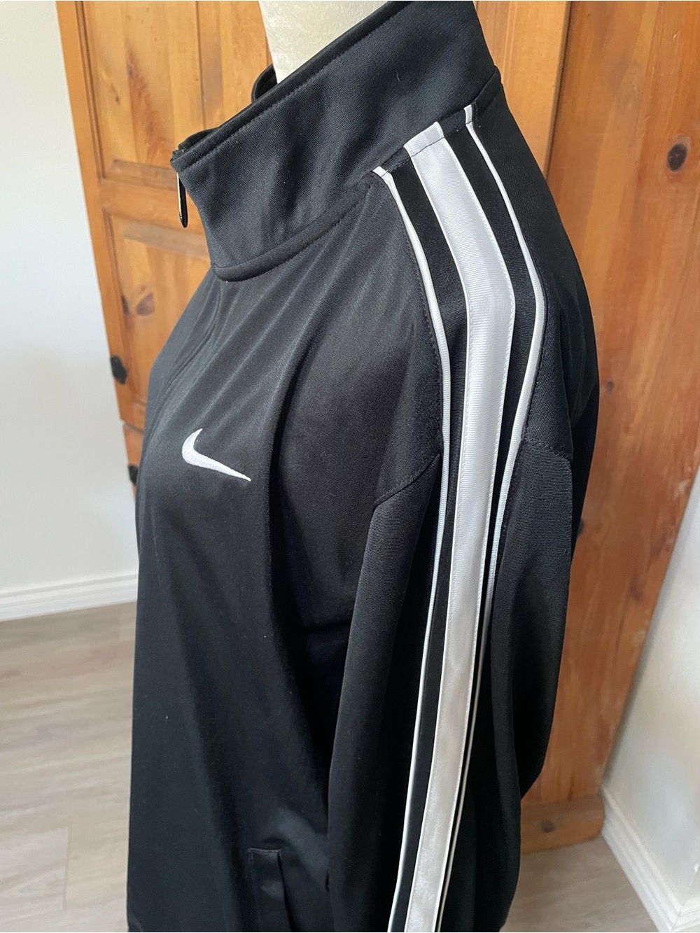 Y2K Nike Black Track Jacket with White Swoosh and Stripe Accents